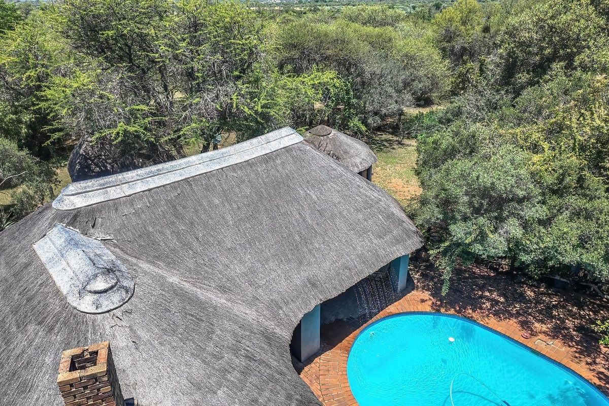 Aerial view of a farm property featuring a traditional thatched roof dwelling, a swimming pool with brick paving, and surrounding mature trees.