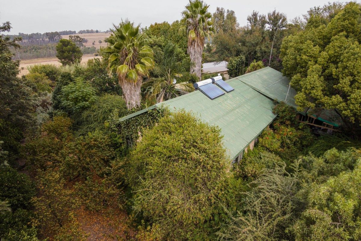 Aerial view of a farm property featuring a metal roof with solar water heating panels, surrounded by dense, mature trees and established garden landscape.