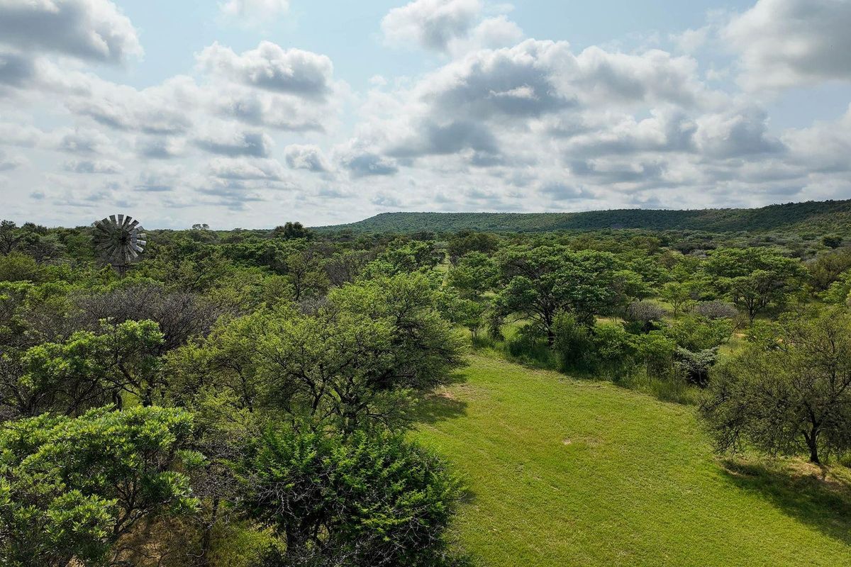 An expansive aerial view of the property grounds featuring lush green vegetation, native trees, and a traditional windmill structure.
