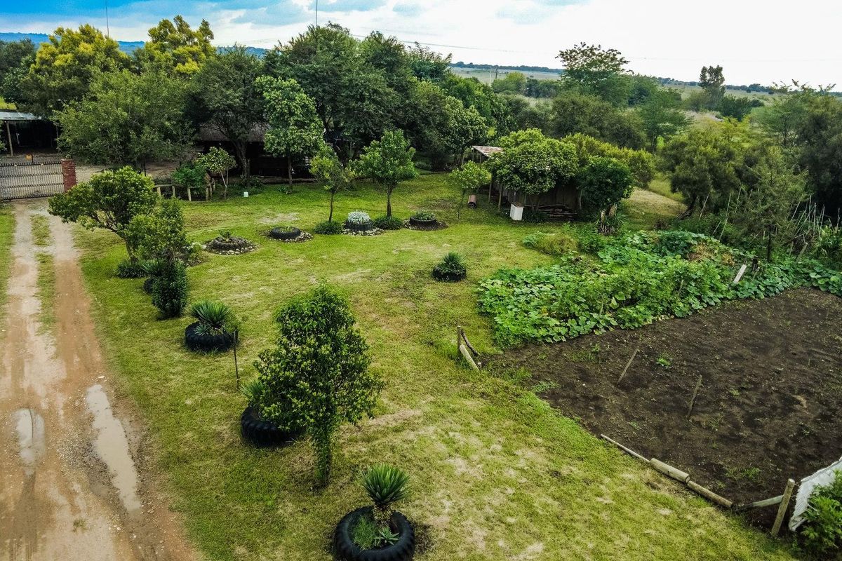 Aerial view of the farm property featuring a large garden area, cultivated vegetable patch, mature trees, and a gravel access driveway.