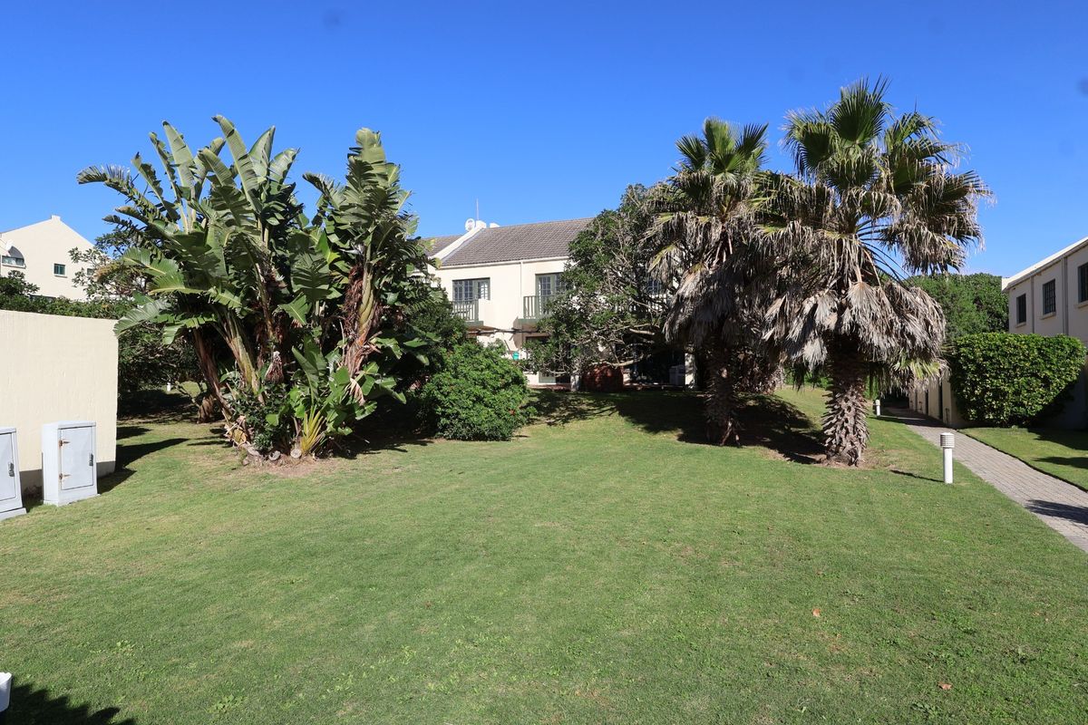 A view of the rear exterior of the townhouse, featuring a well-maintained lawn, mature palm trees, and paved pathways.