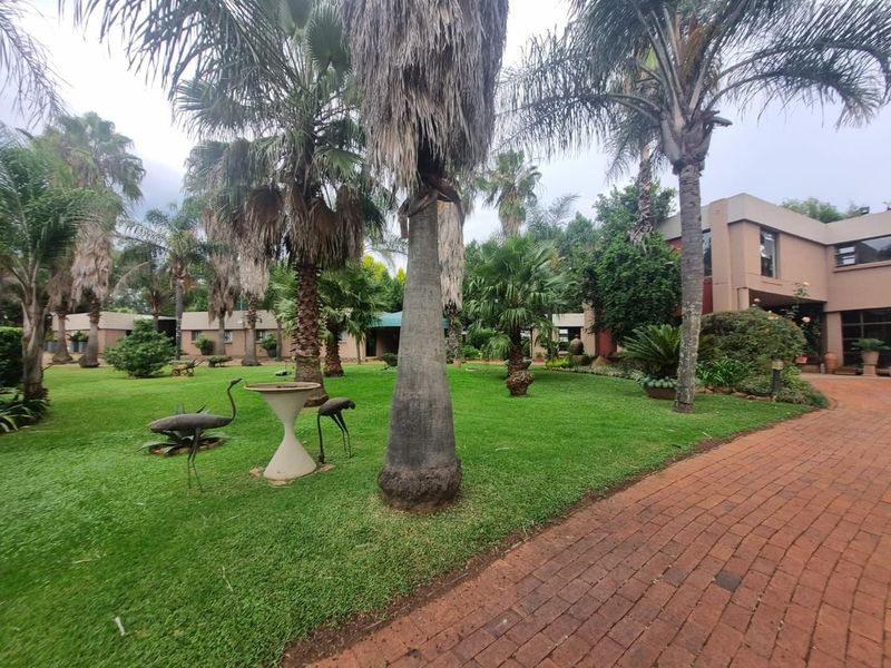 A well-maintained garden area featuring mature palm trees, lush green lawn, and a brick-paved pathway leading towards the property buildings.
