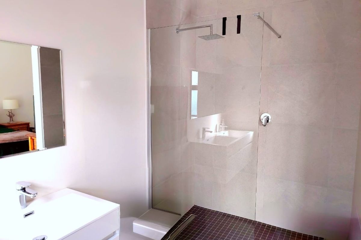 Modern bathroom featuring a walk-in shower with a glass screen, rainfall showerhead, and a sleek vanity with a basin.