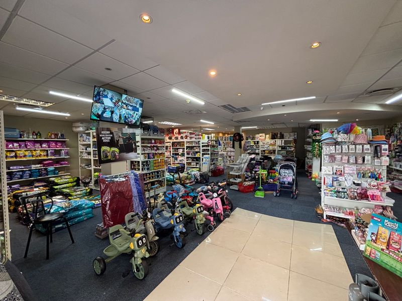 Interior view of a retail space featuring a mix of carpet and tiled flooring, suspended ceiling with integrated lighting, and various retail shelving units.