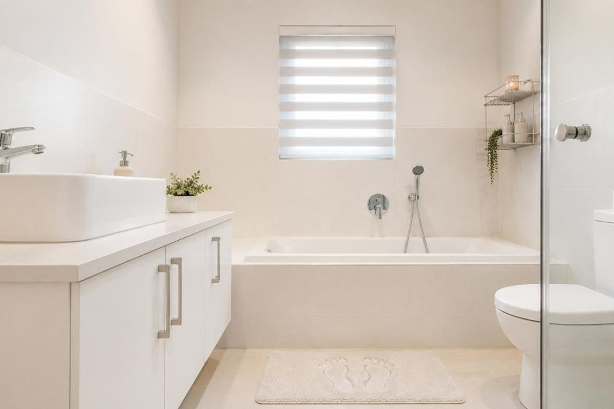 Modern bathroom featuring a sleek vanity with vessel sink, built-in bathtub, wall-mounted shower fixtures, and a contemporary toilet.