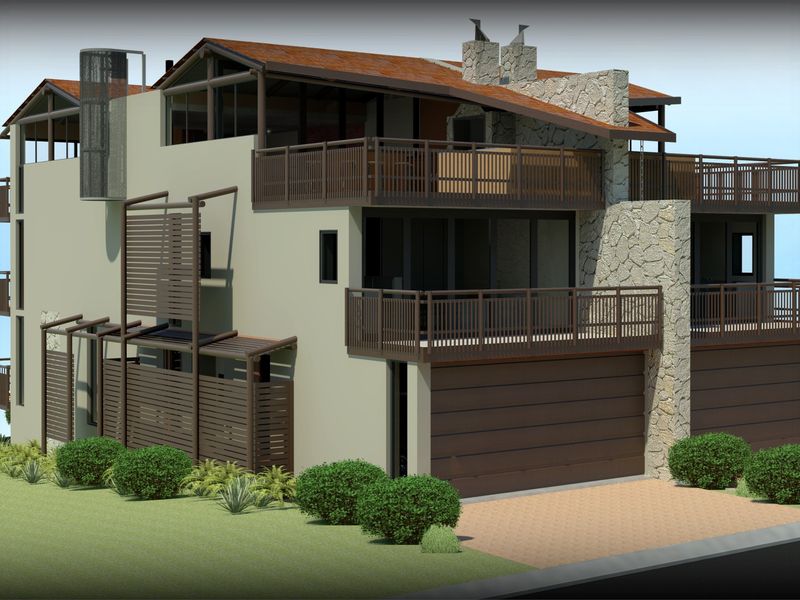 A 3D architectural rendering of a multi-level residential property featuring stone cladding, timber-style balconies, and integrated garage doors.
