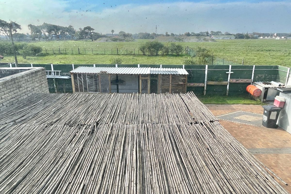 Rear outdoor area featuring a large reed pergola, paved patio space, and a boundary fence overlooking an open field.
