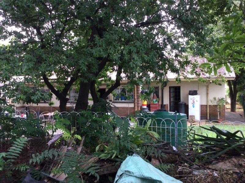 Rear view of the house featuring a garden area with mature trees and a paved patio space.