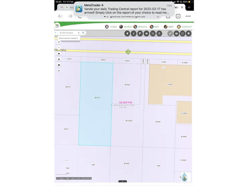 A digital map view showing the cadastral layout and erf boundaries for the Silverton area.