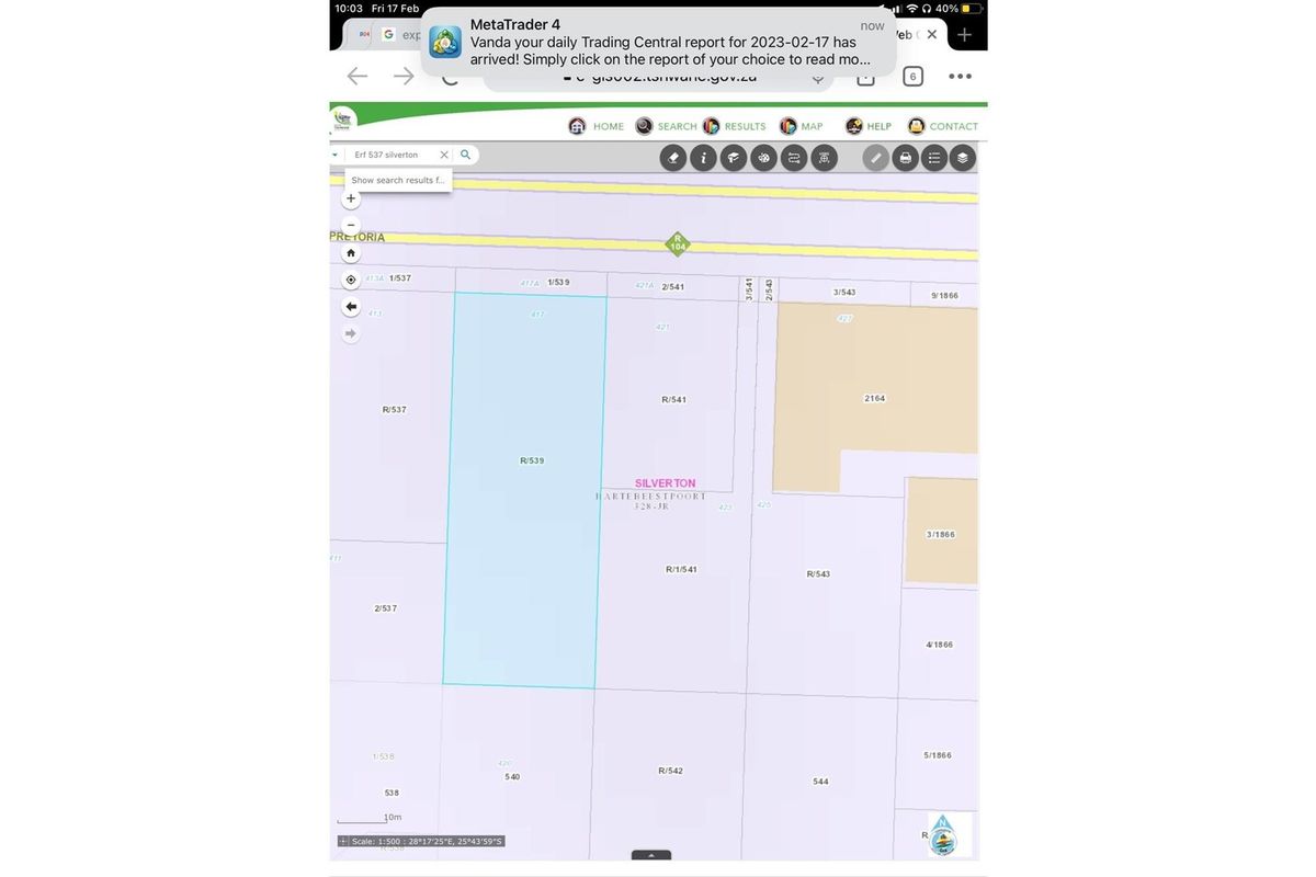 A digital map view showing the cadastral layout and erf boundaries for the Silverton area.