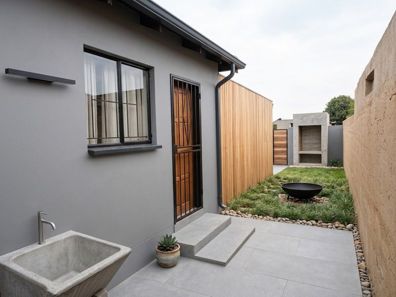 A well-maintained rear courtyard featuring a paved patio, concrete utility sink, timber-clad wall, and a built-in outdoor braai area.