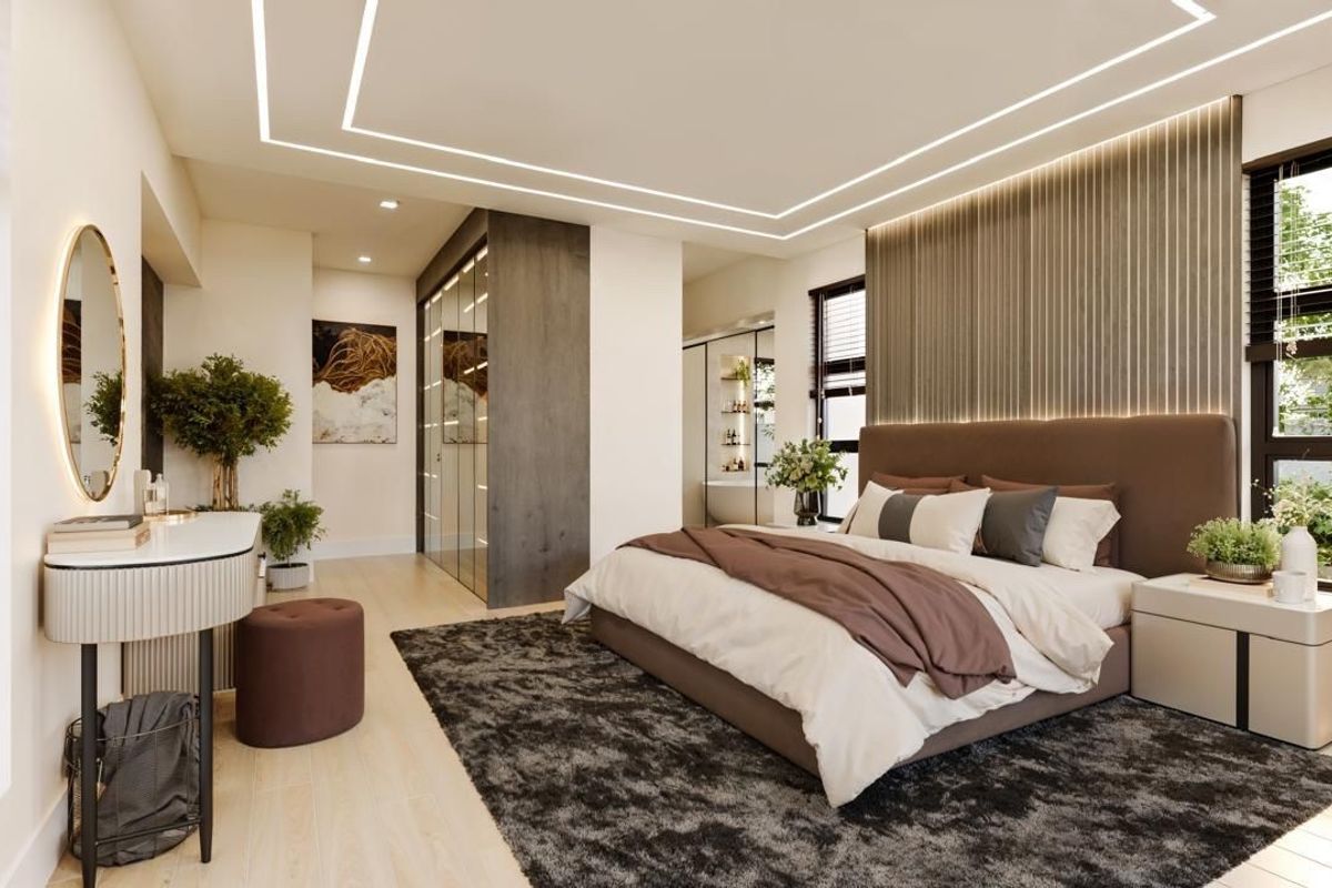 A modern, well-appointed bedroom featuring recessed ceiling lighting, vertical wall paneling, and integrated wardrobe storage with a clean, contemporary aesthetic.