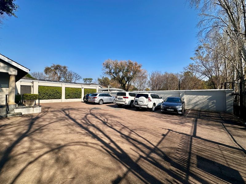 A spacious paved driveway and parking area featuring perimeter boundary walls with integrated hedging and mature trees.