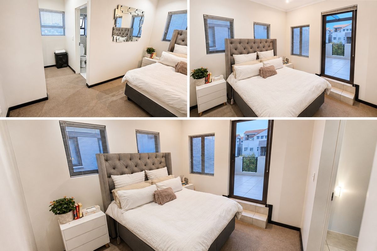A well-lit bedroom featuring carpeted flooring, multiple windows with blinds, and direct access to a private balcony, with an adjoining en-suite bathroom.