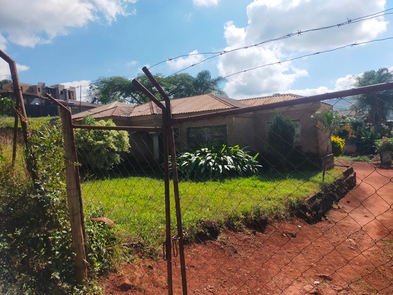 Front view of a single-story house featuring a corrugated metal roof, set behind a chain-link fence with an overgrown front garden.