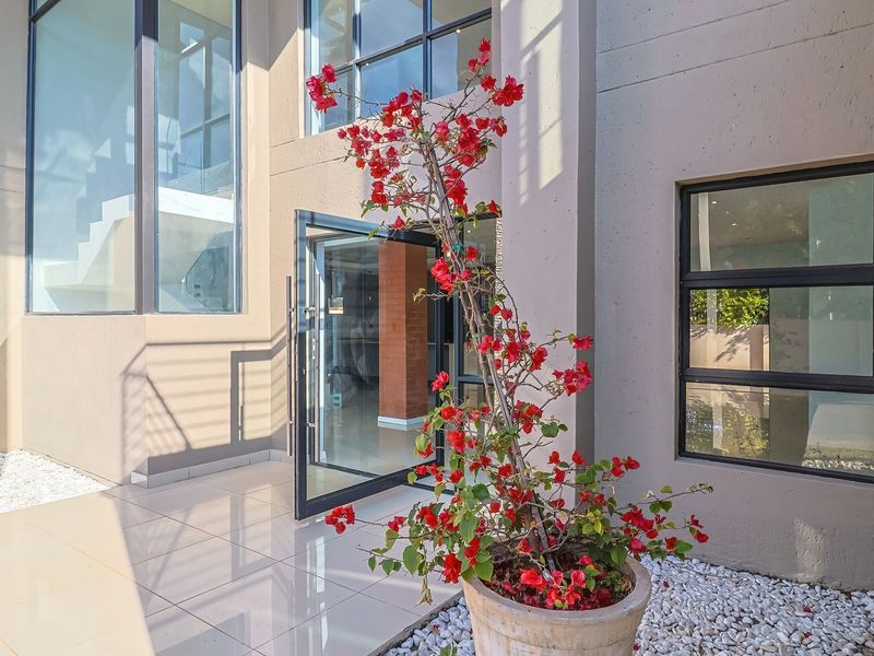 Modern entrance area featuring a large glass pivot door, double volume windows, and clean tiled flooring with minimalist pebble landscaping.