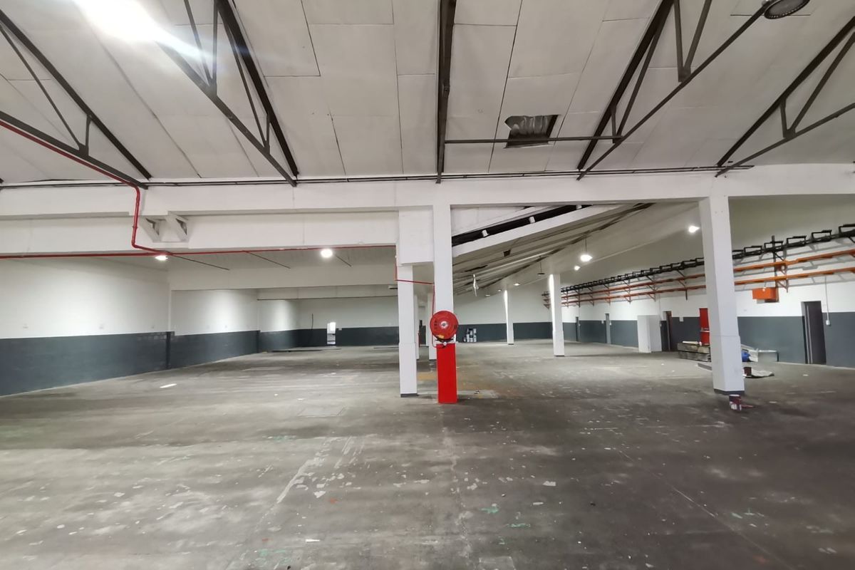Spacious industrial warehouse featuring high ceilings, exposed steel trusses, concrete flooring, and integrated fire safety equipment.