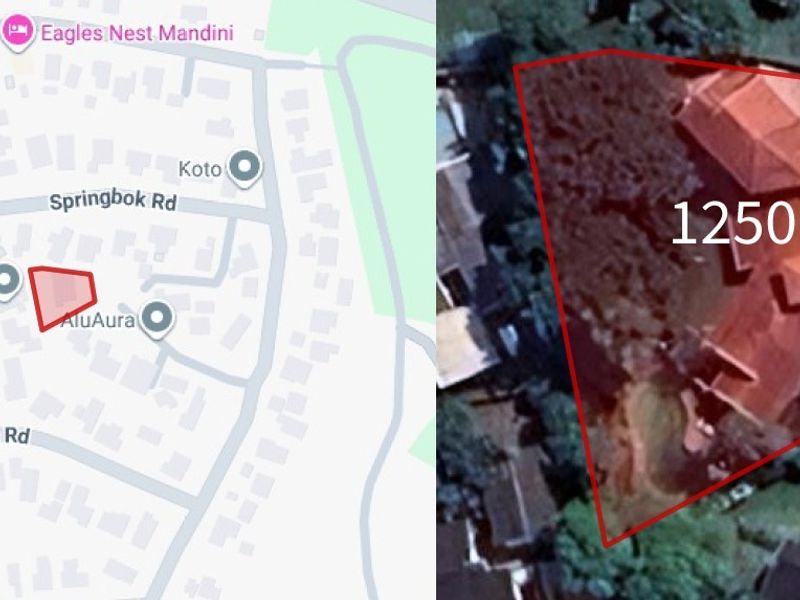 An aerial view showing the property location on a map and an overhead satellite perspective of the 1250 square meter residential plot.