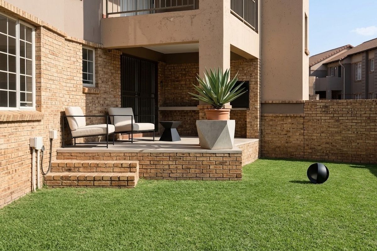 A well-maintained rear exterior featuring a paved patio with a built-in braai, brick facade, and access to a private garden area.