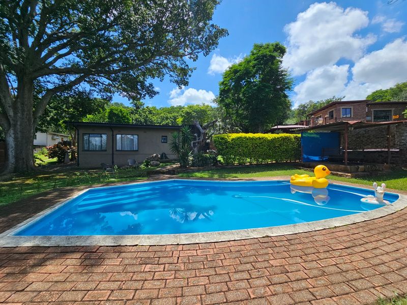 A well-maintained swimming pool area featuring a paved surround, lush garden, and mature trees, providing a private outdoor space for relaxation.