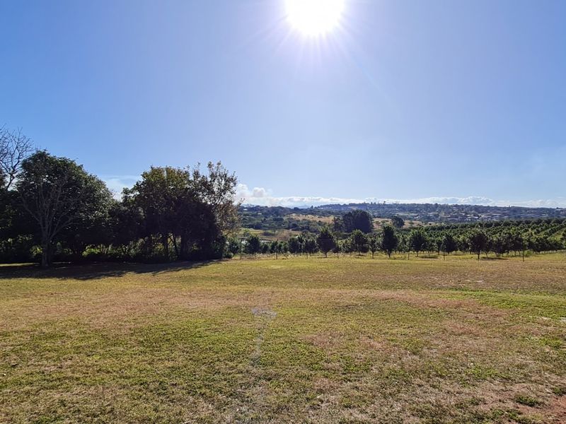 A wide-angle view of the property's expansive grounds, featuring mature trees and open fields with a distant landscape horizon.