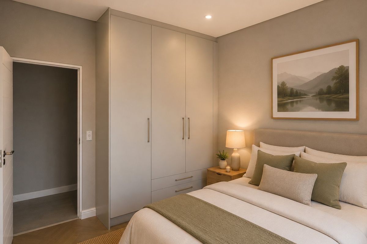 A well-appointed bedroom featuring modern built-in cupboards, recessed downlighting, and elegant herringbone flooring, creating a clean and contemporary living space.