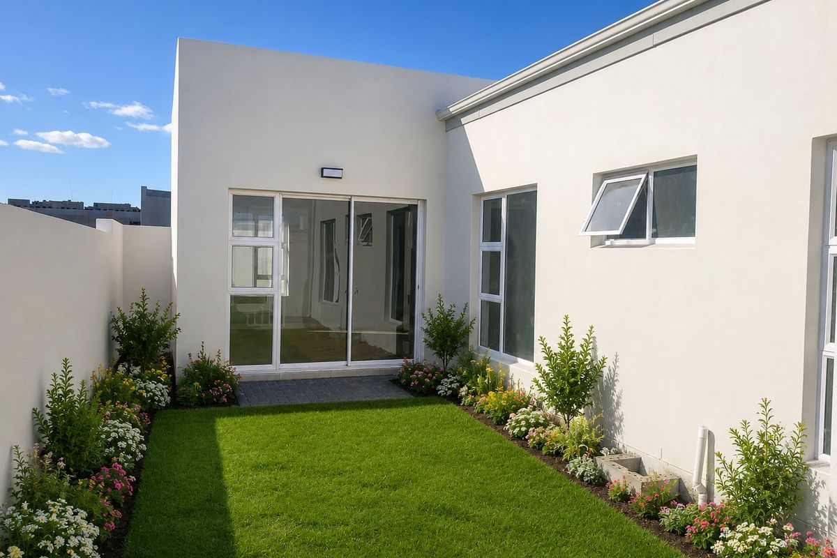 A well-maintained rear garden featuring a manicured lawn, landscaped flower beds, and a paved patio area accessible via sliding glass doors.
