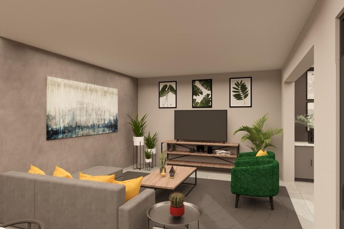 A modern living room featuring a neutral color palette, smooth wall finishes, and tiled flooring, creating a comfortable and contemporary living space.