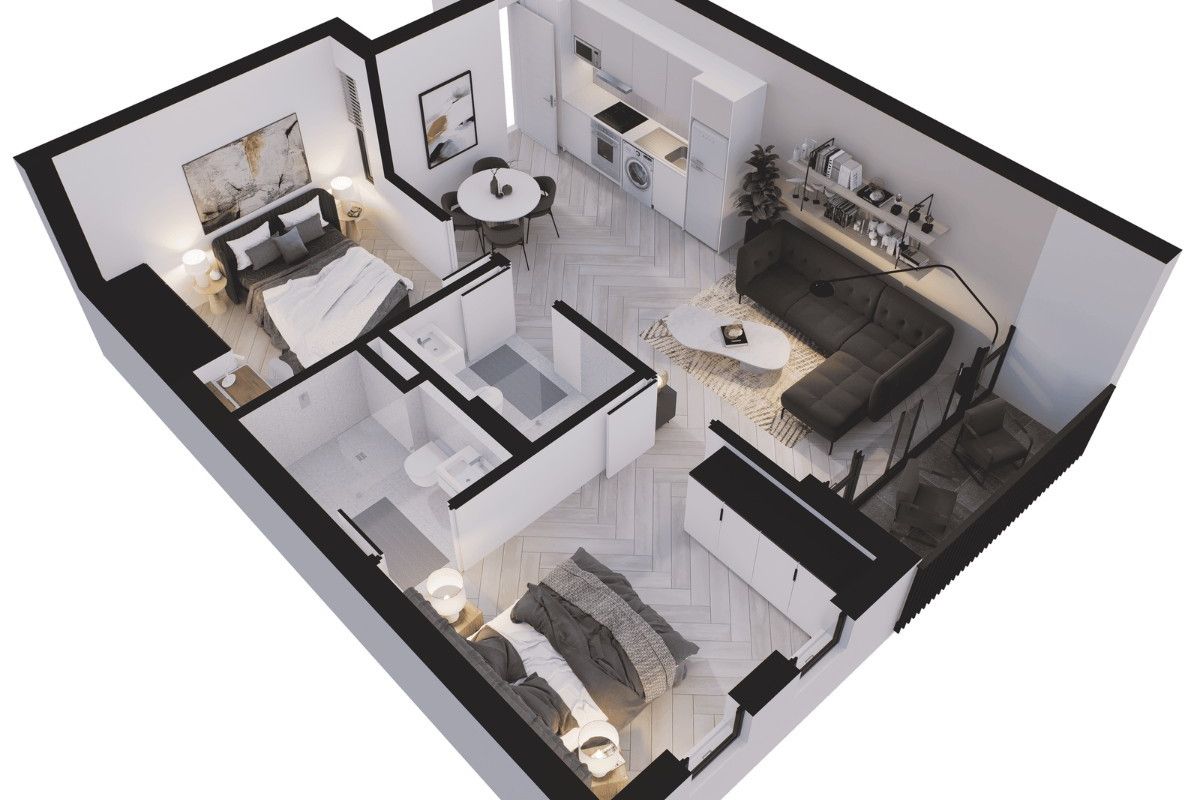 A 3D floor plan rendering of a modern apartment layout featuring an open-plan living area, kitchen, two bedrooms, and a bathroom.