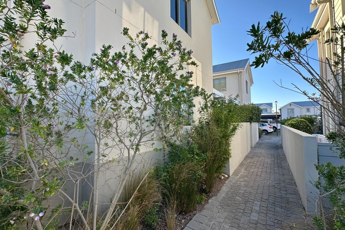 A paved side walkway leading along the exterior of the house, featuring landscaped garden beds and boundary walls.