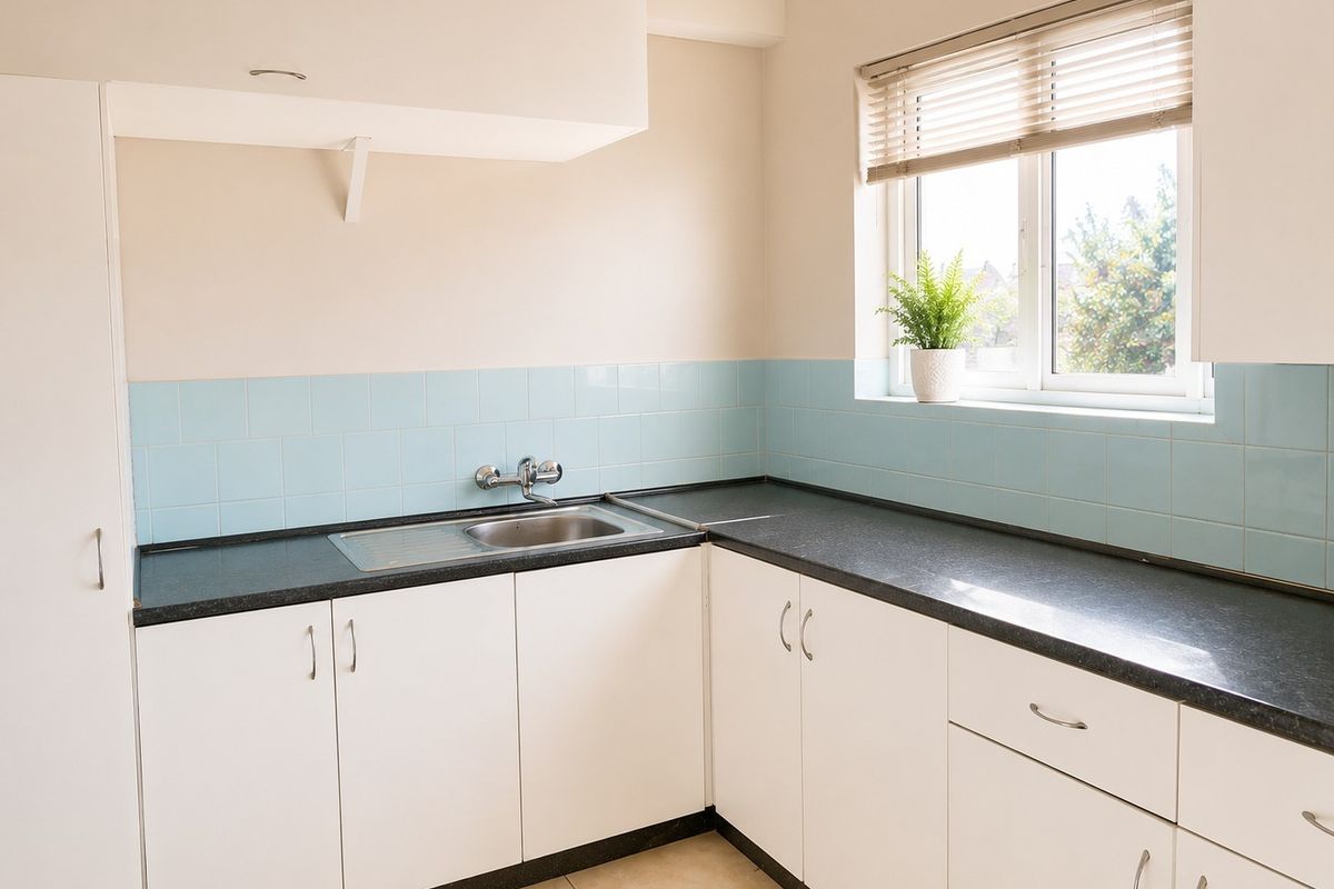 A clean, functional kitchen featuring white cabinetry, dark laminate countertops, and a light blue tiled backsplash with a stainless steel sink.
