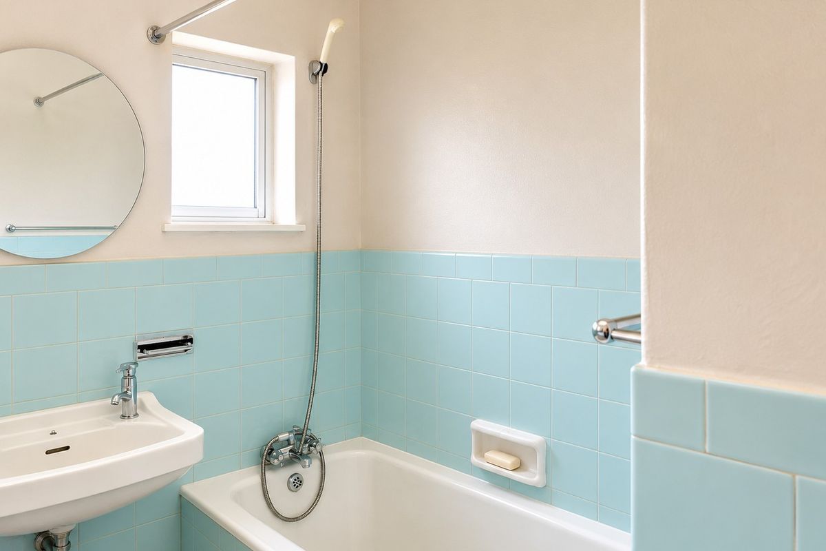 A clean, functional bathroom featuring a wall-mounted basin, a bathtub with a handheld shower attachment, and classic light blue wall tiling.