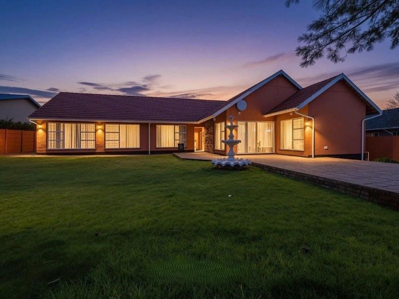 A well-maintained single-story residential home at dusk, featuring a paved patio area, landscaped lawn, and exterior lighting.