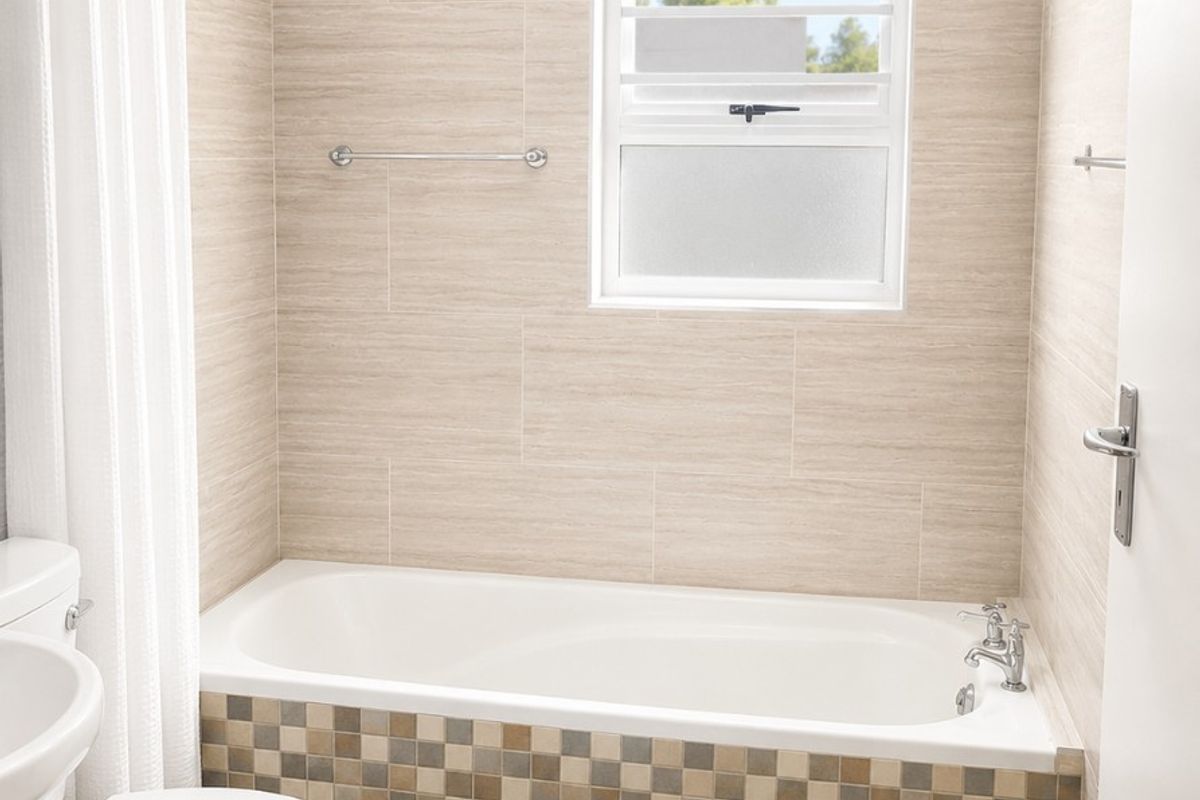 A clean, functional bathroom featuring a bathtub with shower head, tiled walls, and a louvered window for natural ventilation.