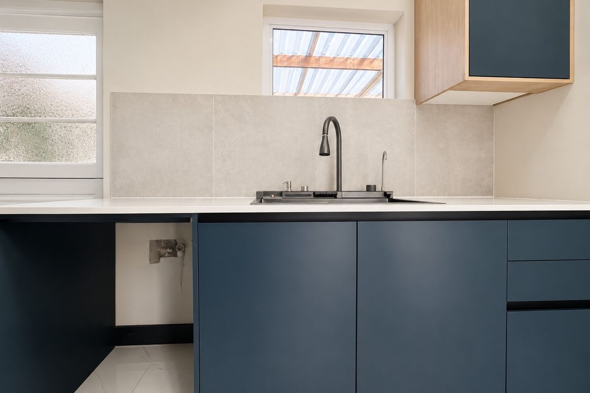 Modern kitchen area featuring dark blue cabinetry, stone countertops, a sleek gooseneck faucet, and a tiled backsplash, currently awaiting final appliance installation.