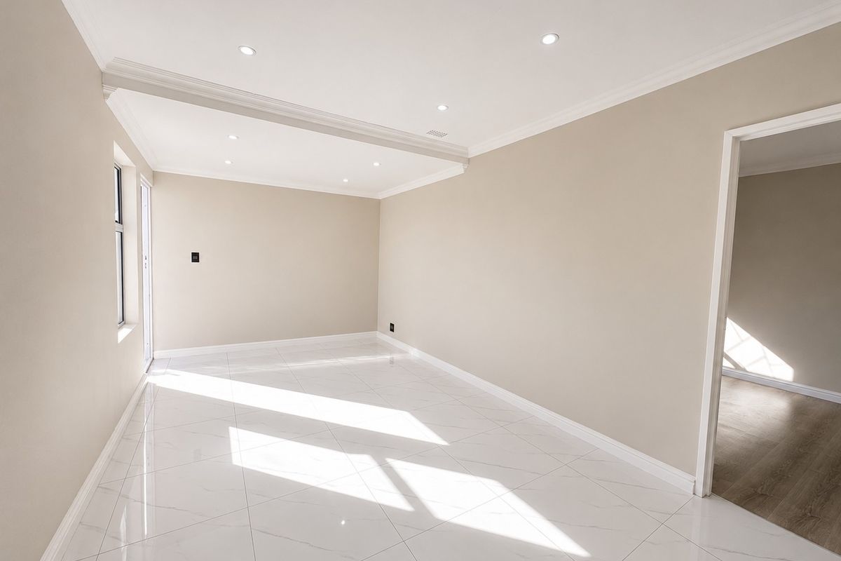 A bright, empty living area featuring modern porcelain floor tiles, recessed downlights, and neutral wall finishes, offering a clean and versatile space.