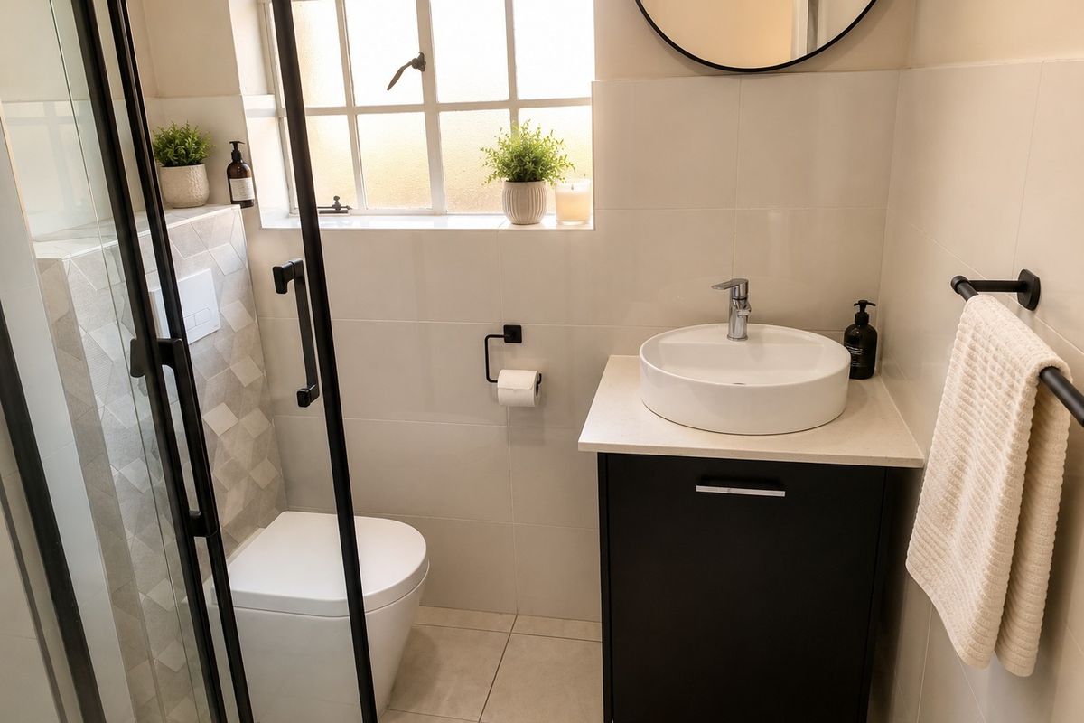 Modern bathroom featuring a vanity with a vessel sink, wall-mounted toilet, and a glass-enclosed shower with contemporary black fixtures and neutral wall tiling.