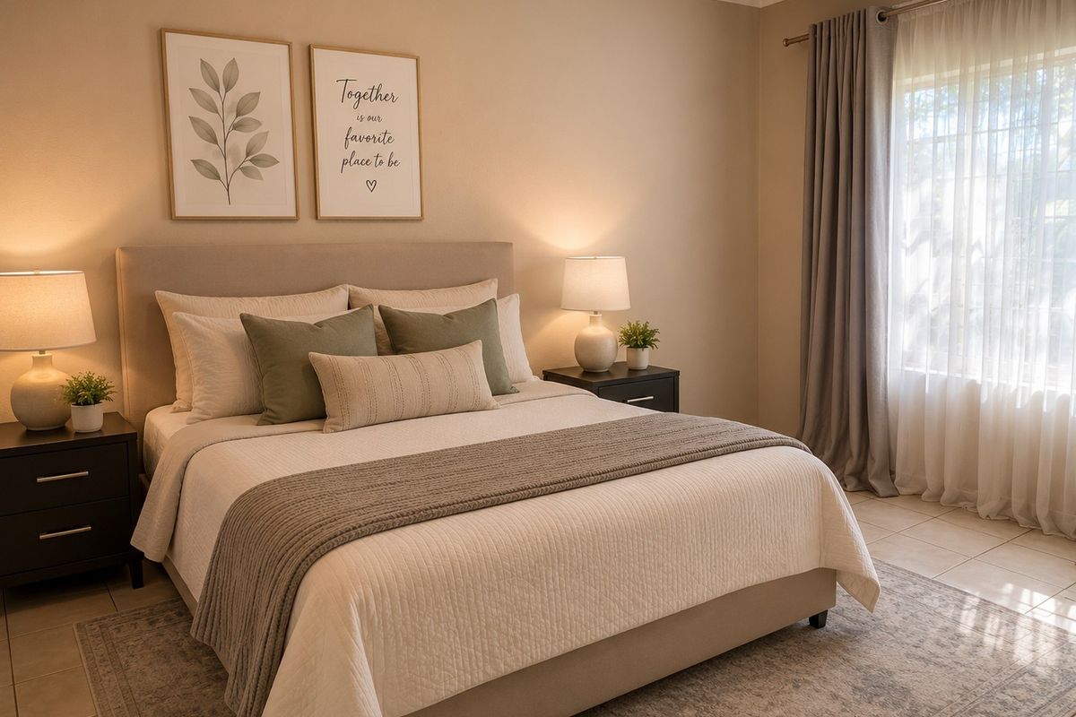 A well-lit bedroom featuring neutral wall tones, tiled flooring, and a large window with fitted curtain tracks.