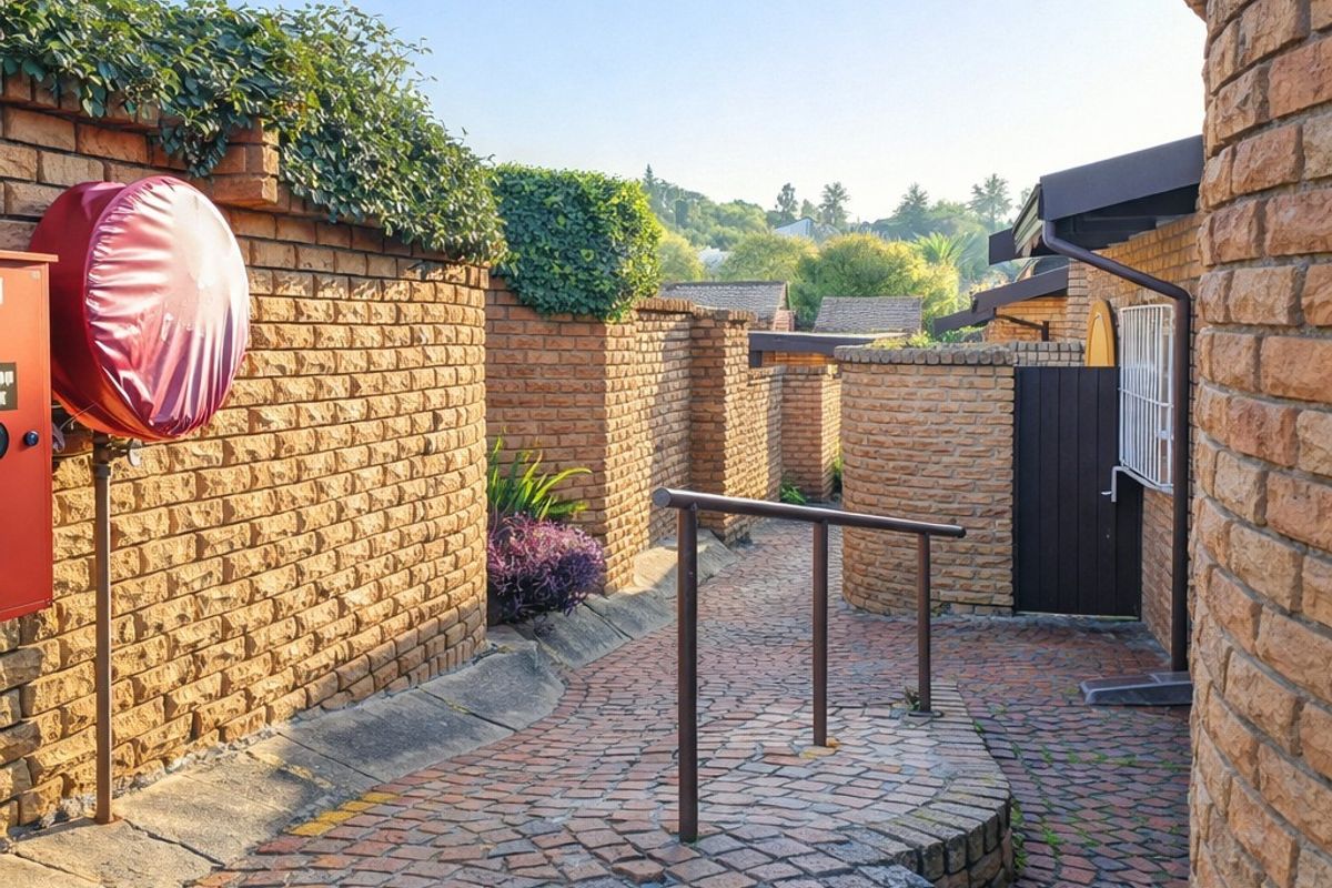 A paved exterior walkway featuring brick walls, a fire hose reel, and metal handrails, leading through the apartment complex grounds.