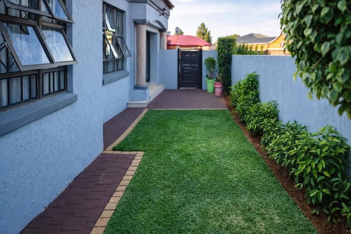 A well-maintained rear garden area featuring a neat lawn, paved walkway, and secure boundary wall with access gate.