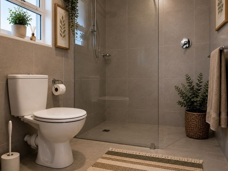 Modern bathroom featuring a walk-in shower with glass screen, neutral floor-to-ceiling tiling, and a contemporary toilet suite.