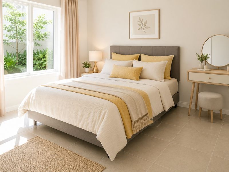 A bright and well-maintained bedroom featuring neutral tiled flooring and a large window providing natural light and a view of the garden.