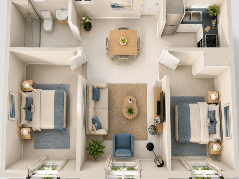A 3D floor plan layout showing a two-bedroom apartment with an open-plan living area, kitchen, and bathroom.