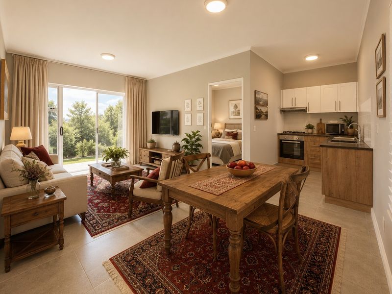 Bright open-plan living area featuring a modern kitchen with built-in appliances, tiled floors, and large sliding doors leading to an outdoor space.