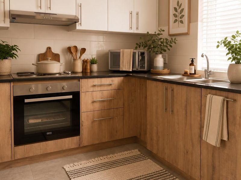 Modern kitchen featuring wood-look cabinetry, dark countertops, integrated appliances including an oven and hob, and a clean tiled splashback.