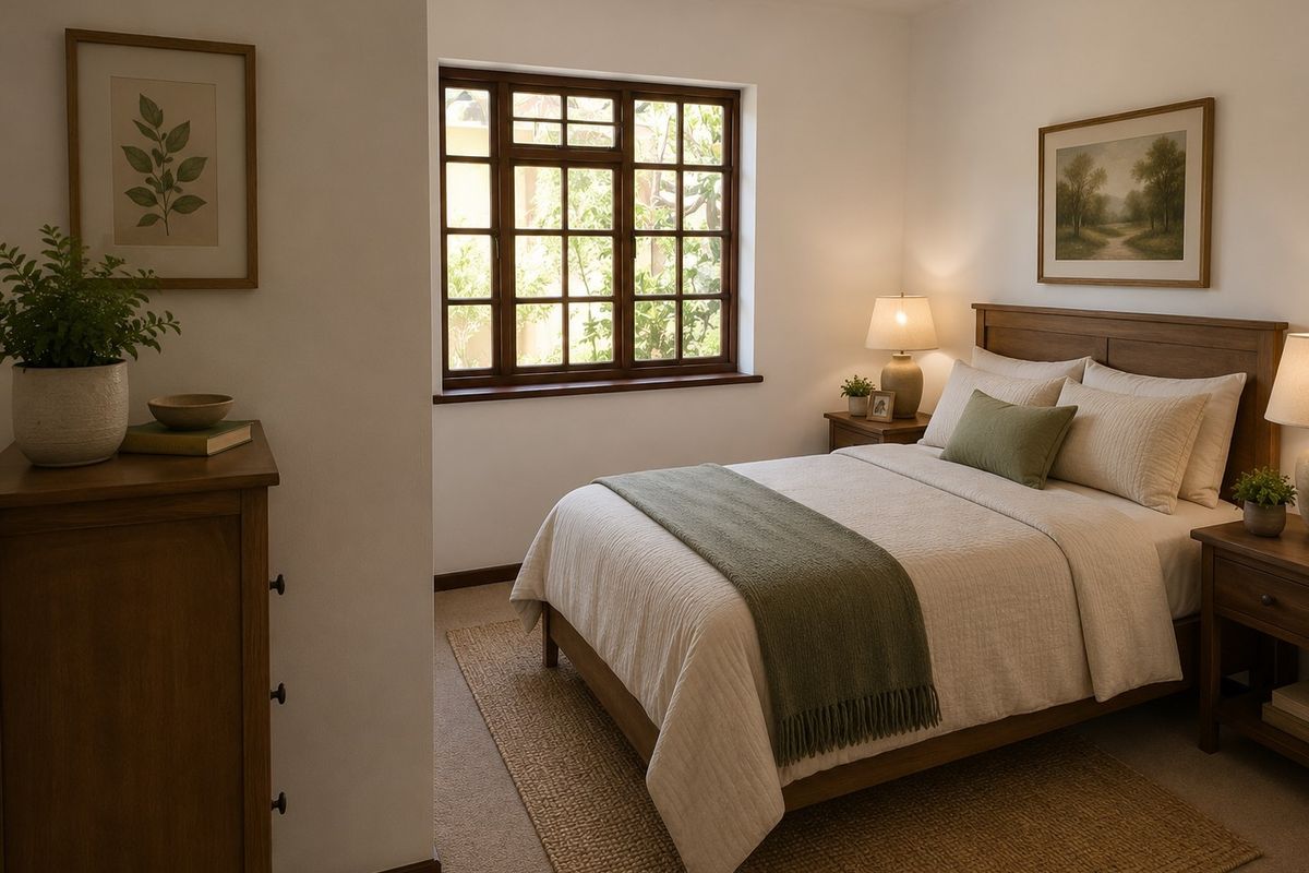 A cozy, well-maintained bedroom featuring neutral tones, carpeted flooring, and a classic timber-framed window providing natural light.