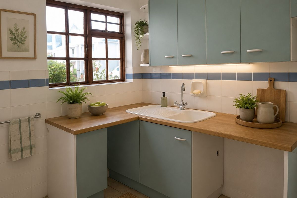 A functional kitchen area featuring light blue cabinetry, wooden countertops, a white sink, and tiled splashbacks with a window providing natural light.