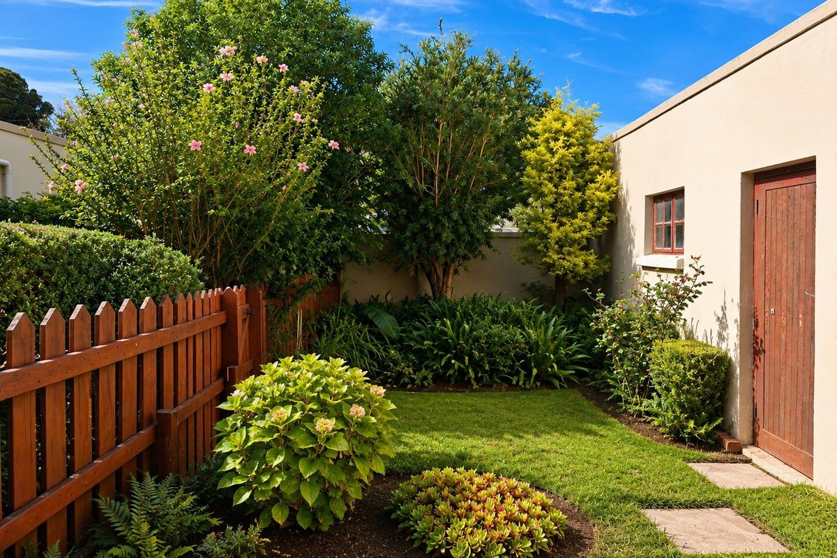 A well-maintained private rear garden featuring a lush lawn, established shrubbery, a wooden picket fence, and a paved pathway leading to a side entrance.