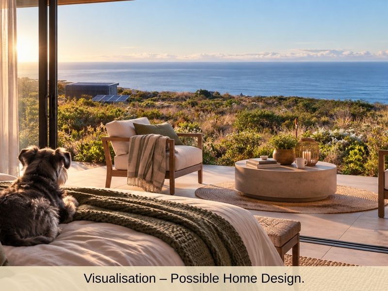 A bedroom featuring large sliding glass doors that open onto a patio with expansive ocean views, showcasing a potential home design concept.