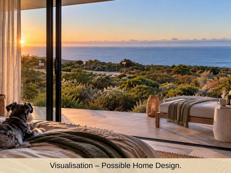 A bedroom featuring large sliding glass doors that open onto a patio with expansive ocean views, showcasing a modern architectural design.